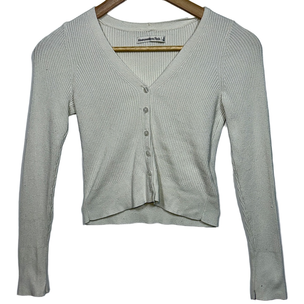 Abercrombie & Fitch Cream Ribbed V‑Neck Button Cardigan